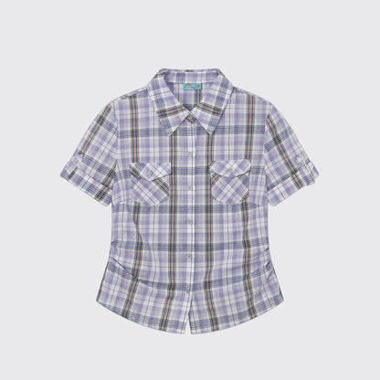 Color-Block Pocket Plaid Blouse