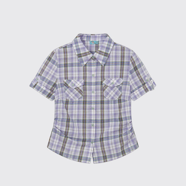 Color-Block Pocket Plaid Blouse