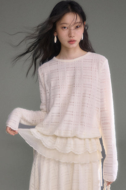 Plaid Lace Long Sleeve T-Shirt Skirt Set-Up