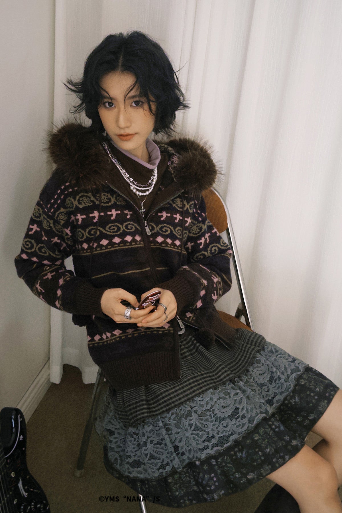 Detachable Fur Collar Fair Isle Hooded Cardigan