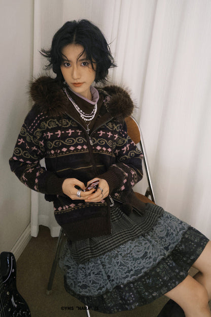 Detachable Fur Collar Fair Isle Hooded Cardigan