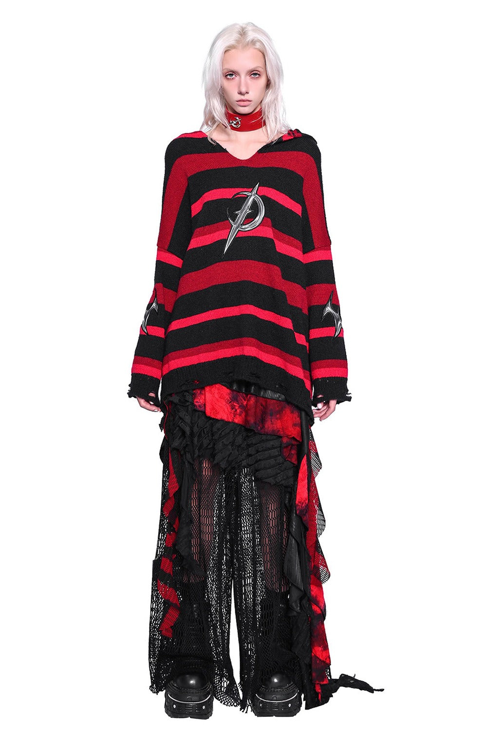 Red Black Striped Embroidered Hoodie