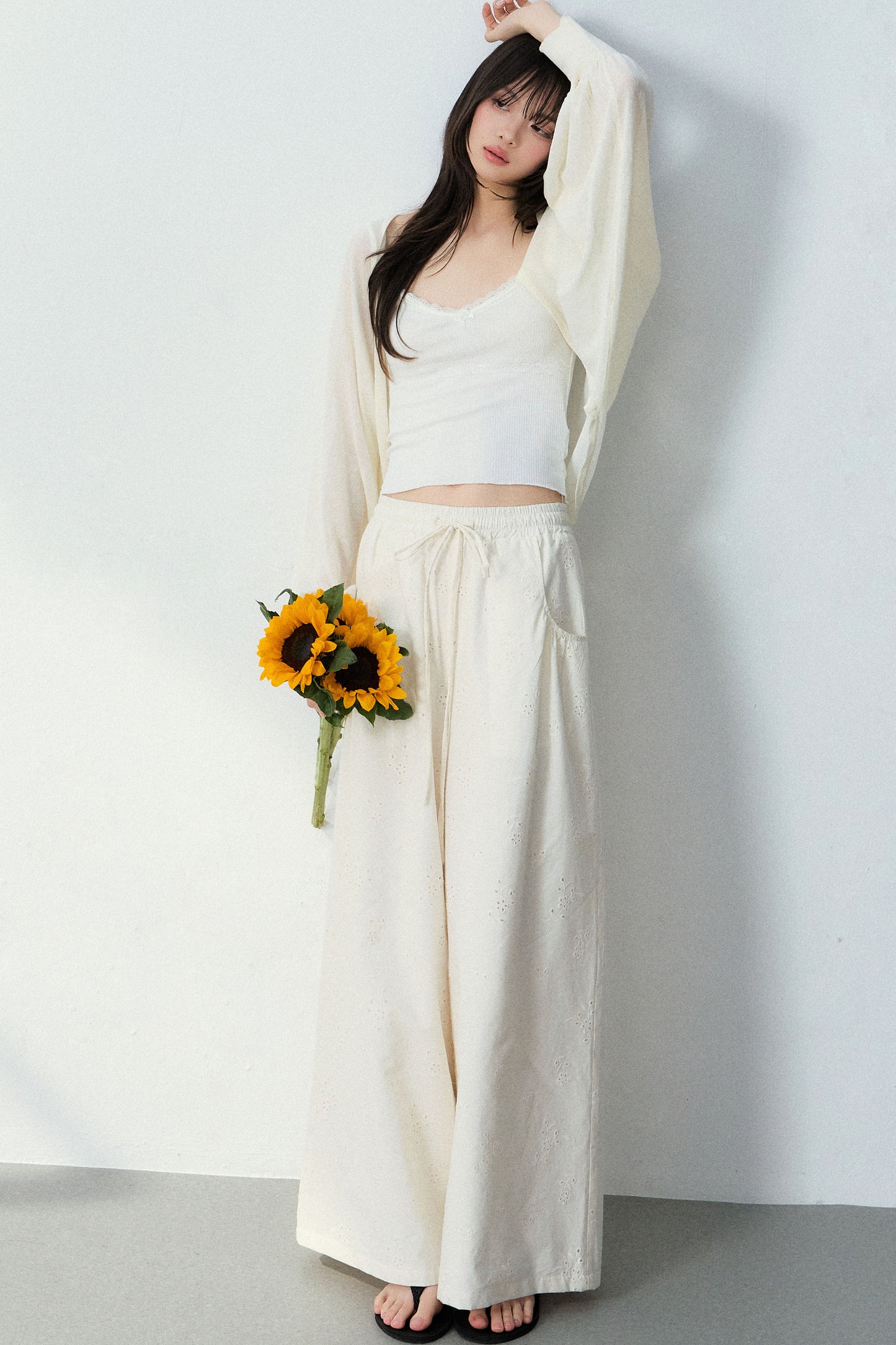 Batwing Cardigan & Camisole With Hollow Out Floral Pants Set-Up