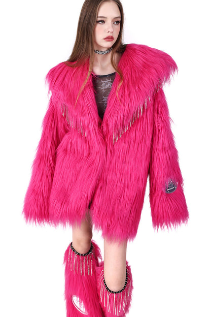 Pink Rhinestone Fringe Fur Jacket