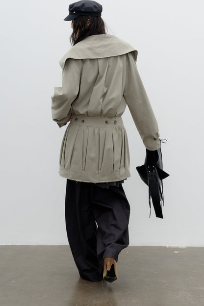 Sculptural Pleated Balloon Waist Khaki Windbreaker
