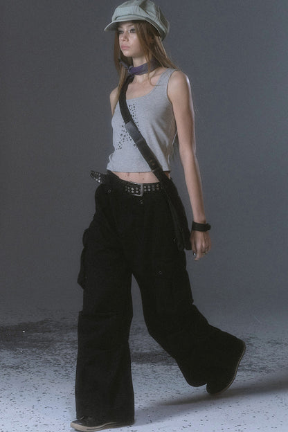 Wide-Leg Cargo Rivets And Embroidery Pants