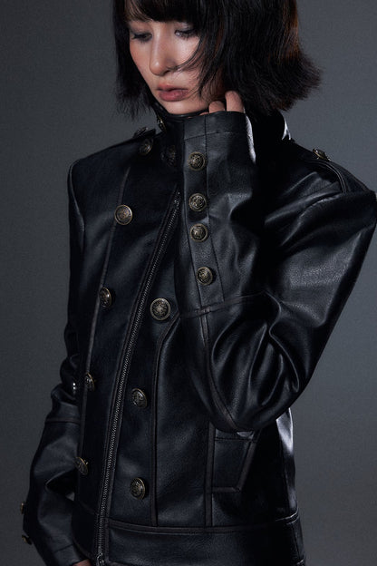 Veste en cuir punk vieilli à double boutonnage