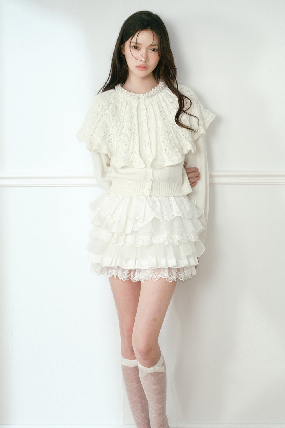White Pearl Collar Cape Shawl Knit Sweater