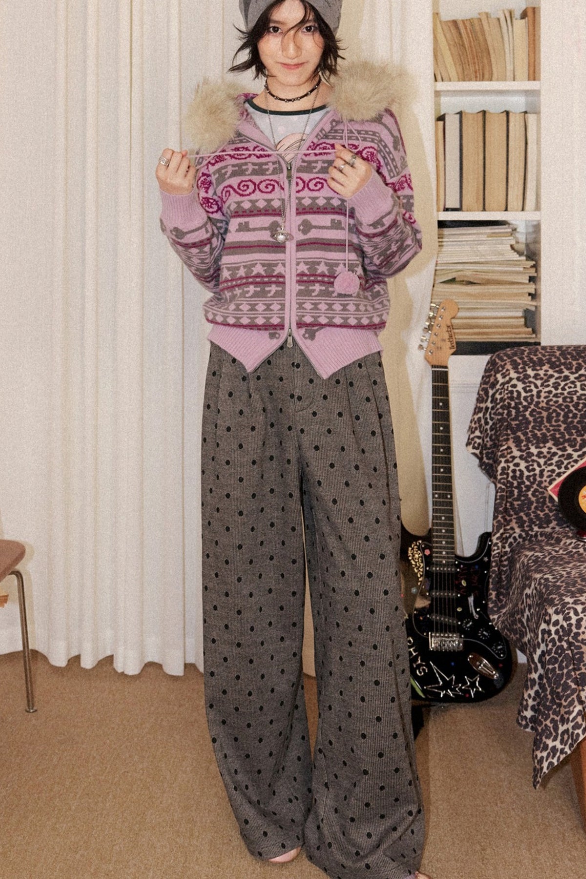 Detachable Fur Collar Fair Isle Hooded Cardigan