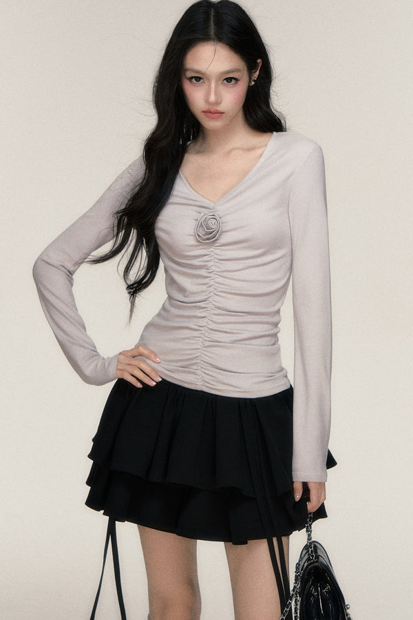 Rose Brooch Ruched Layered T-shirt