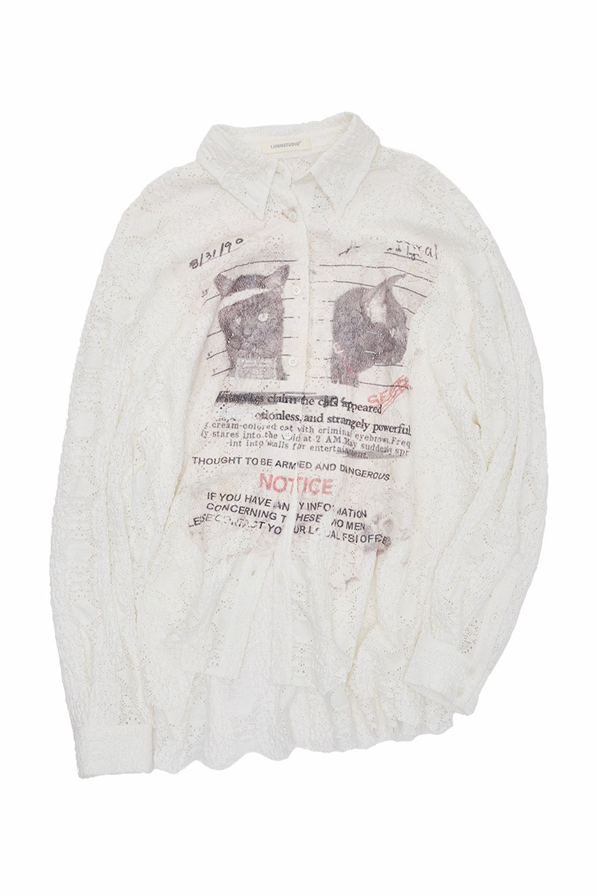 Cat Wanted Print Hollow Lace Shirt