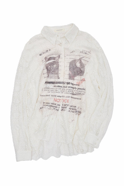 Cat Wanted Print Hollow Lace Shirt