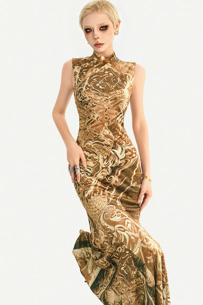 Luxurious Sleeveless Gold Cheongsam Fishtail Dress