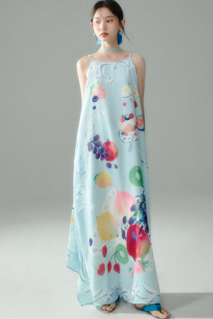 Hand-Painted Fruit Print Slip Dress