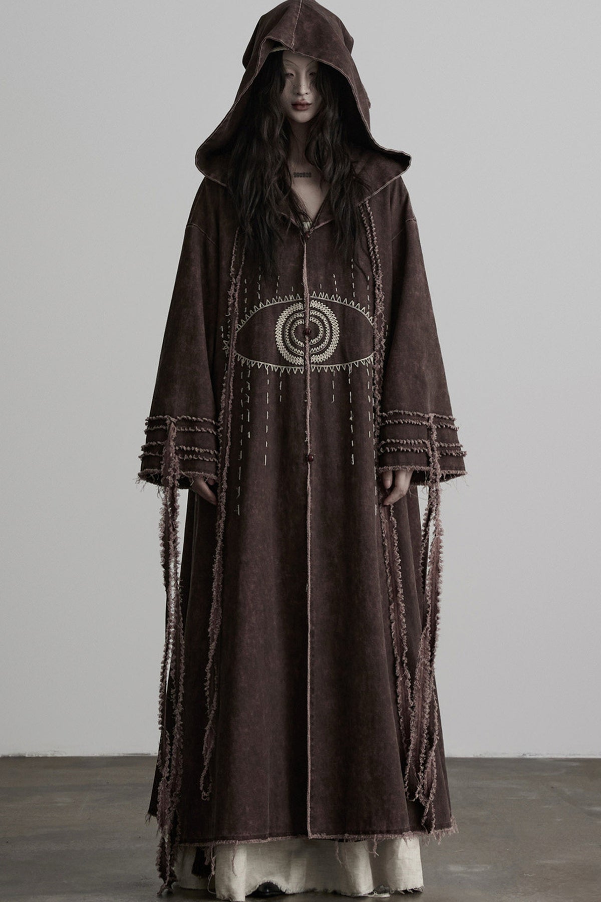 Red-Brown Quilted Embroidered Long Hooded Trench Coat