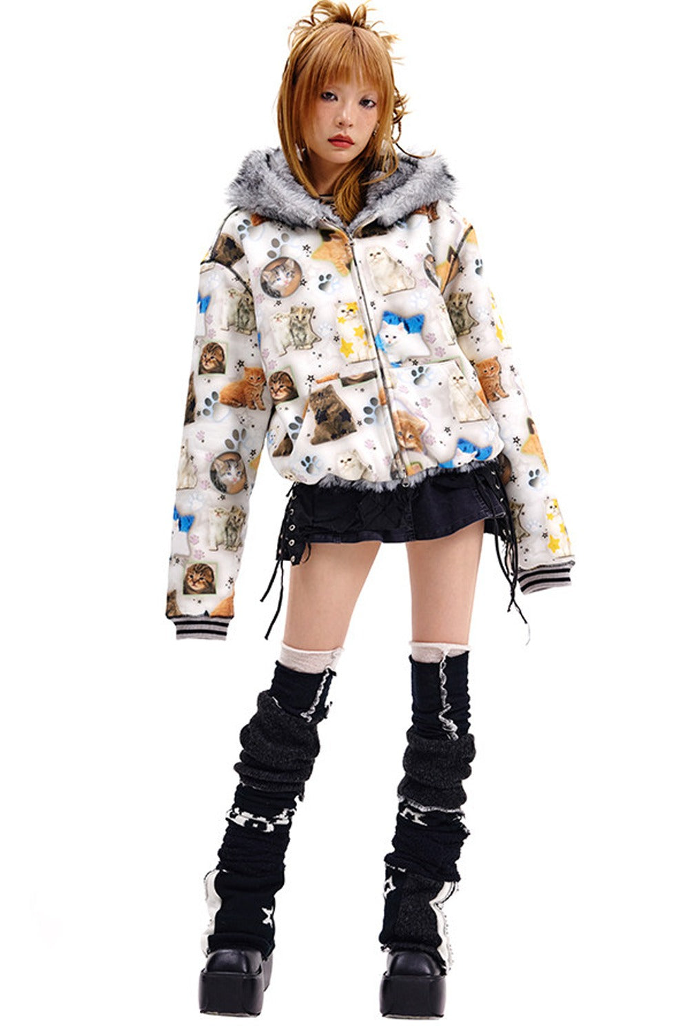 Cat Print Reversible Fur Coat