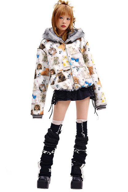 Cat Print Reversible Fur Coat