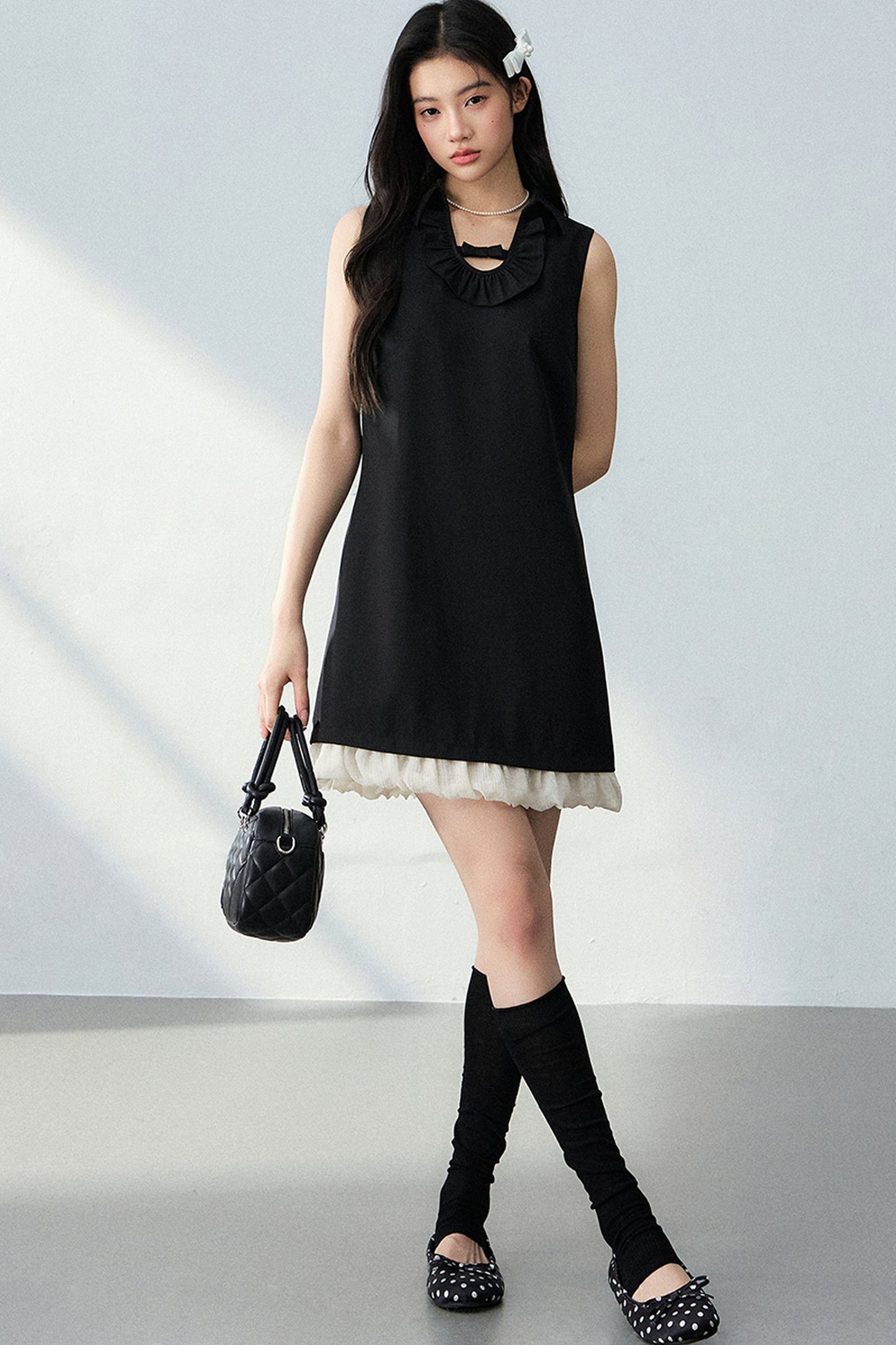 Bowknot Ruffle A-Line Black Dress