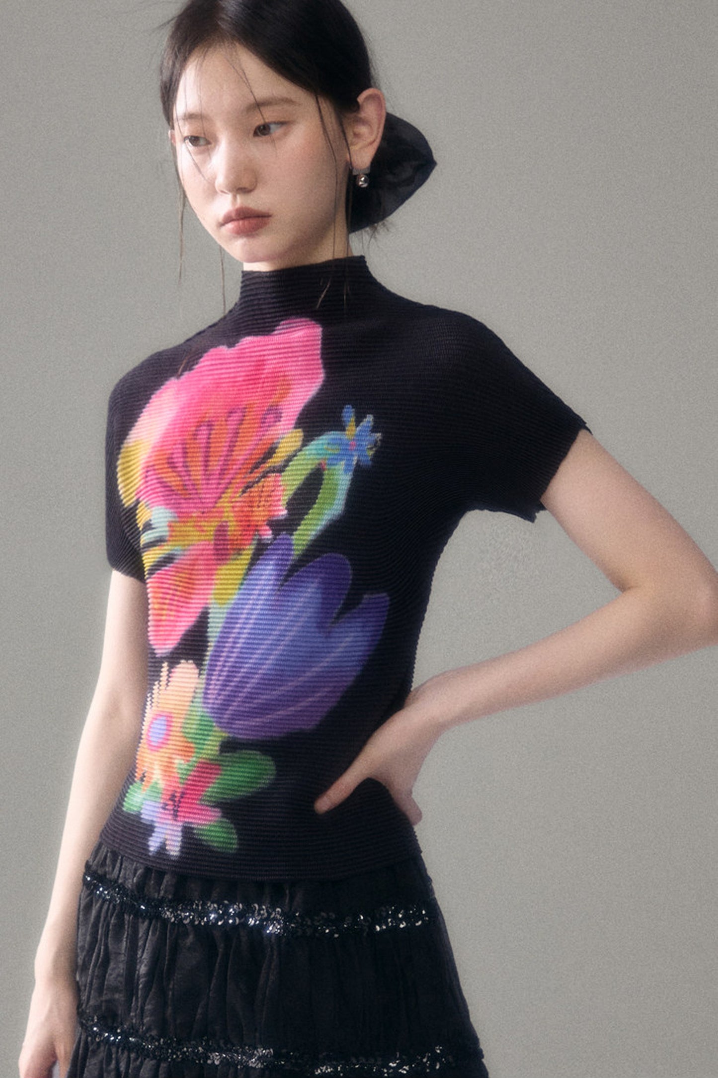 Floral Corn Pleat Knit Top