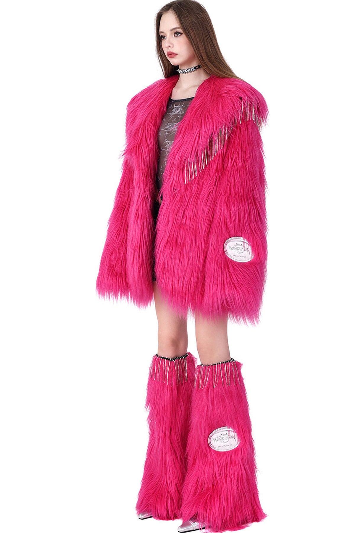 Pink Rhinestone Fringe Fur Jacket