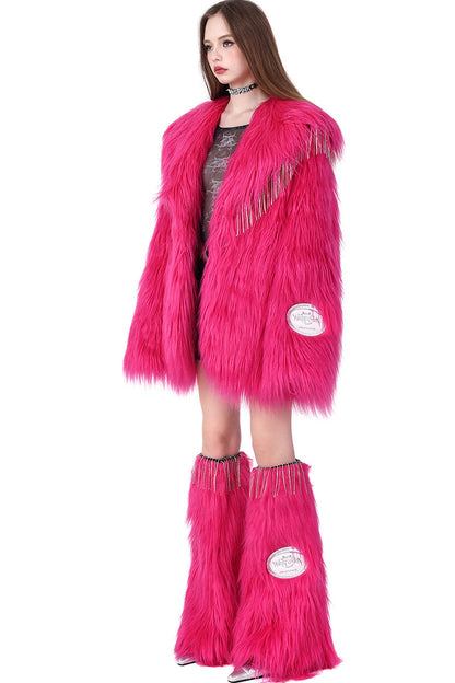 Pink Rhinestone Fringe Fur Jacket