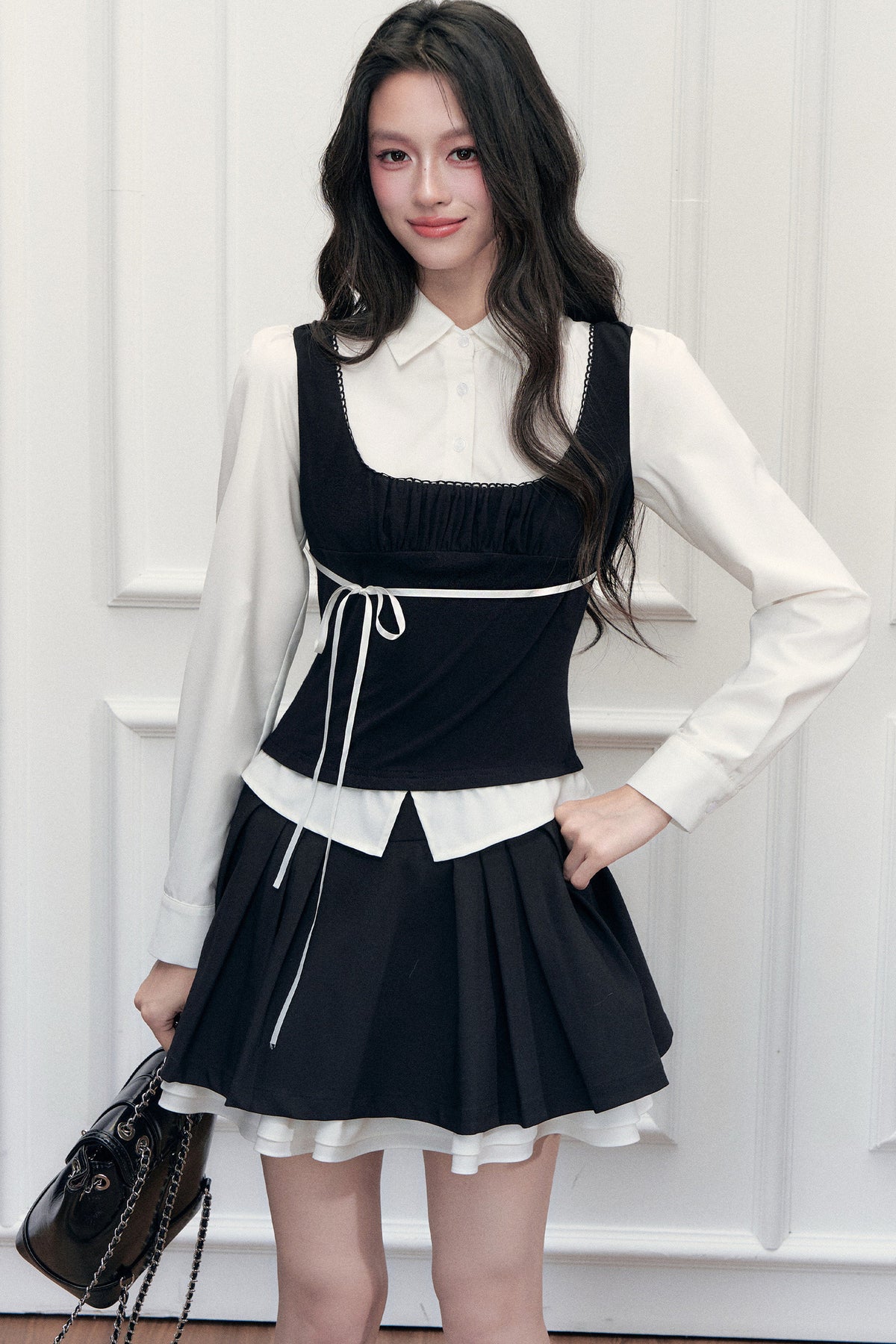Lace Tie-Up Shirt Skirt Set-Up