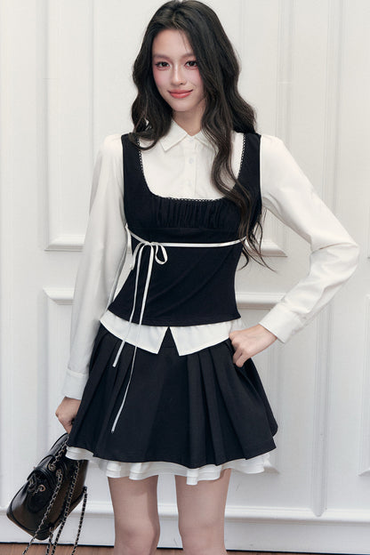 Lace Tie-Up Shirt Skirt Set-Up