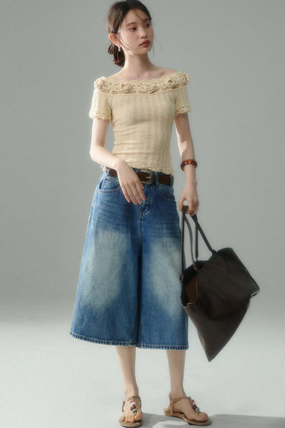 Handmade Crochet Camellia Off-Shoulder Knit Top
