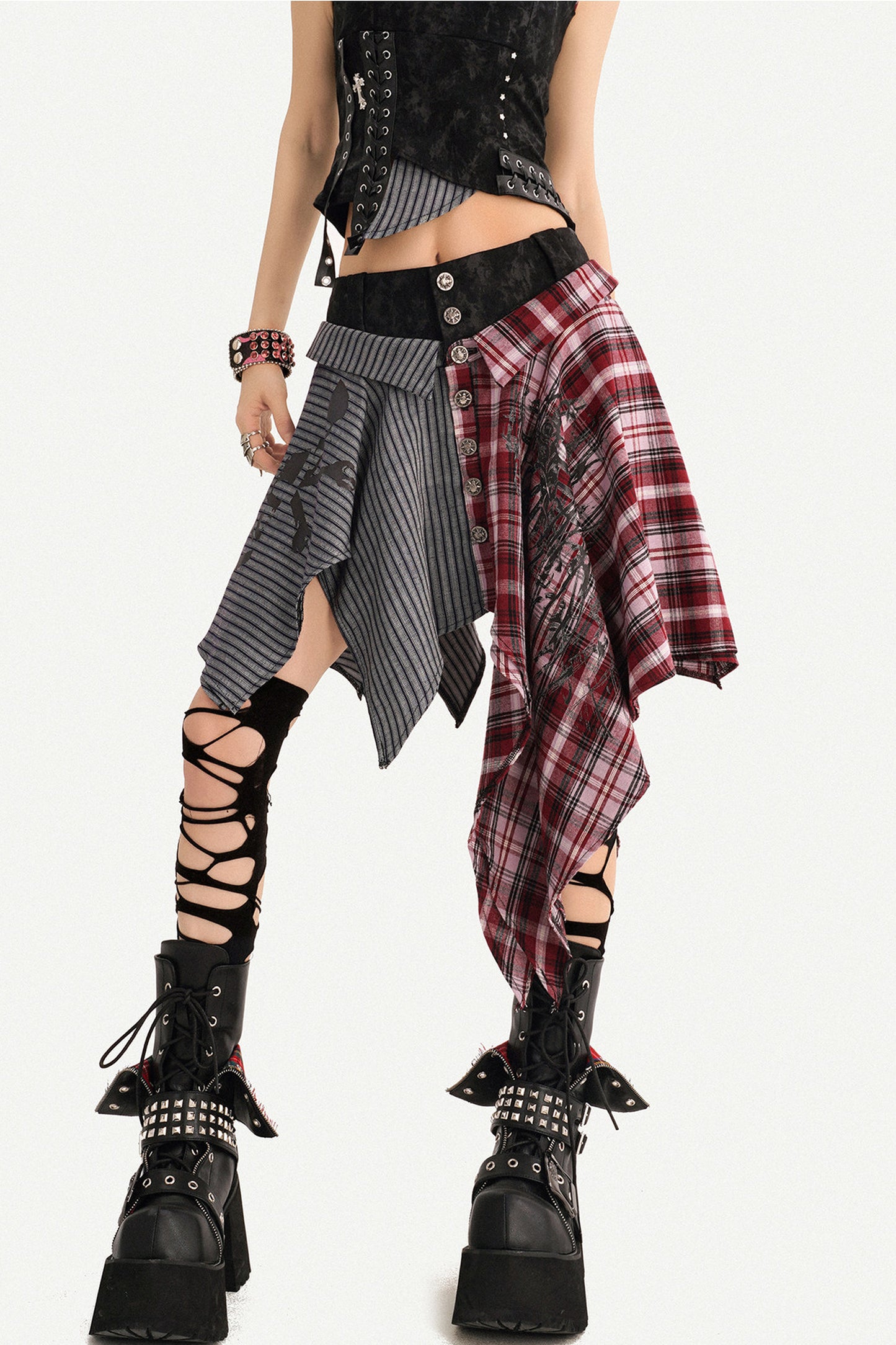 Irregular Plaid Patchwork Skirt