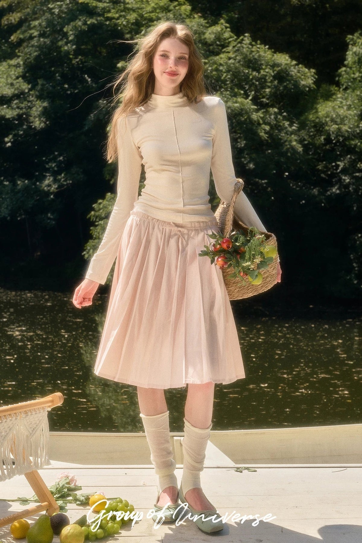 Elastic Waist Deer A-Line Pleated Skirt