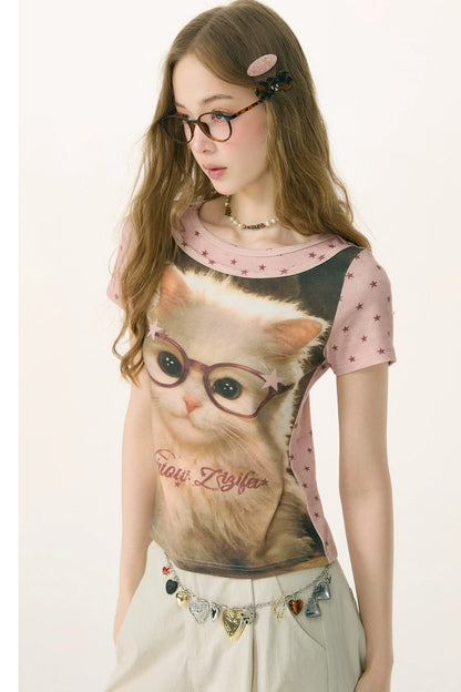 Retro Distressed Cat Print Yellow T-Shirt