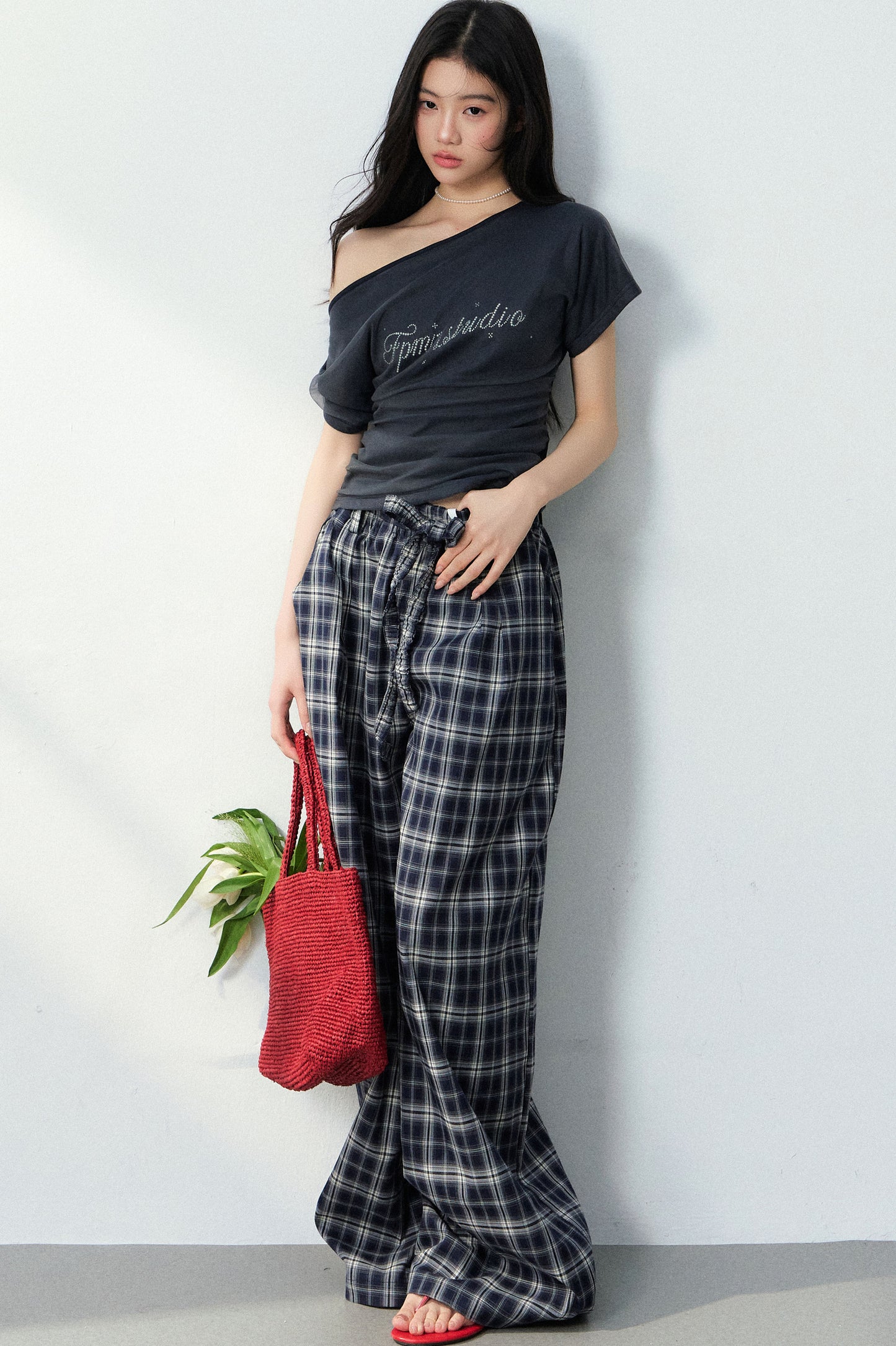 Navy Blue Plaid Wide-Leg Pants