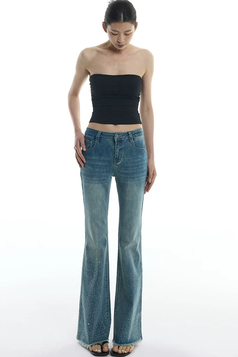 Schlag-Jeanshose mit Strass