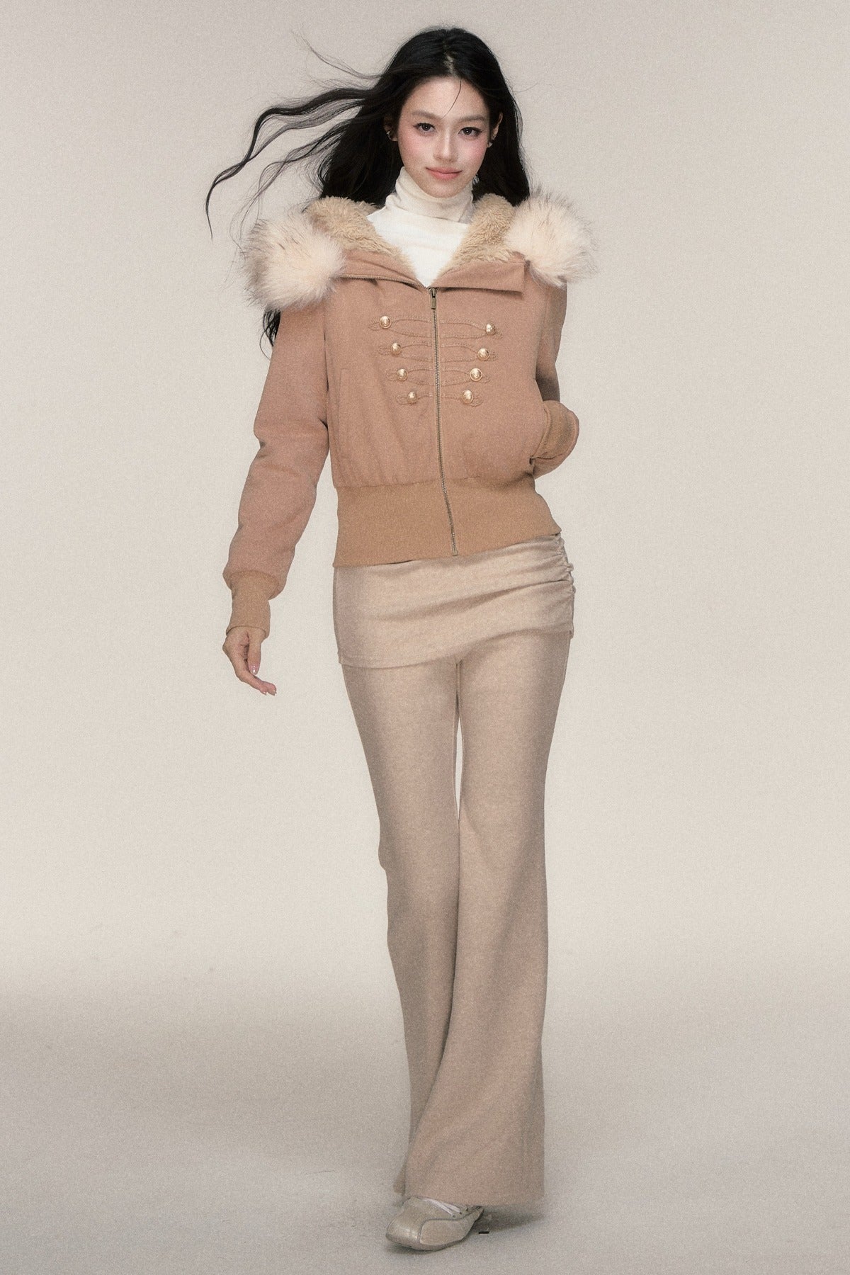 Large Fur Collar Hooded Fleece Jacket