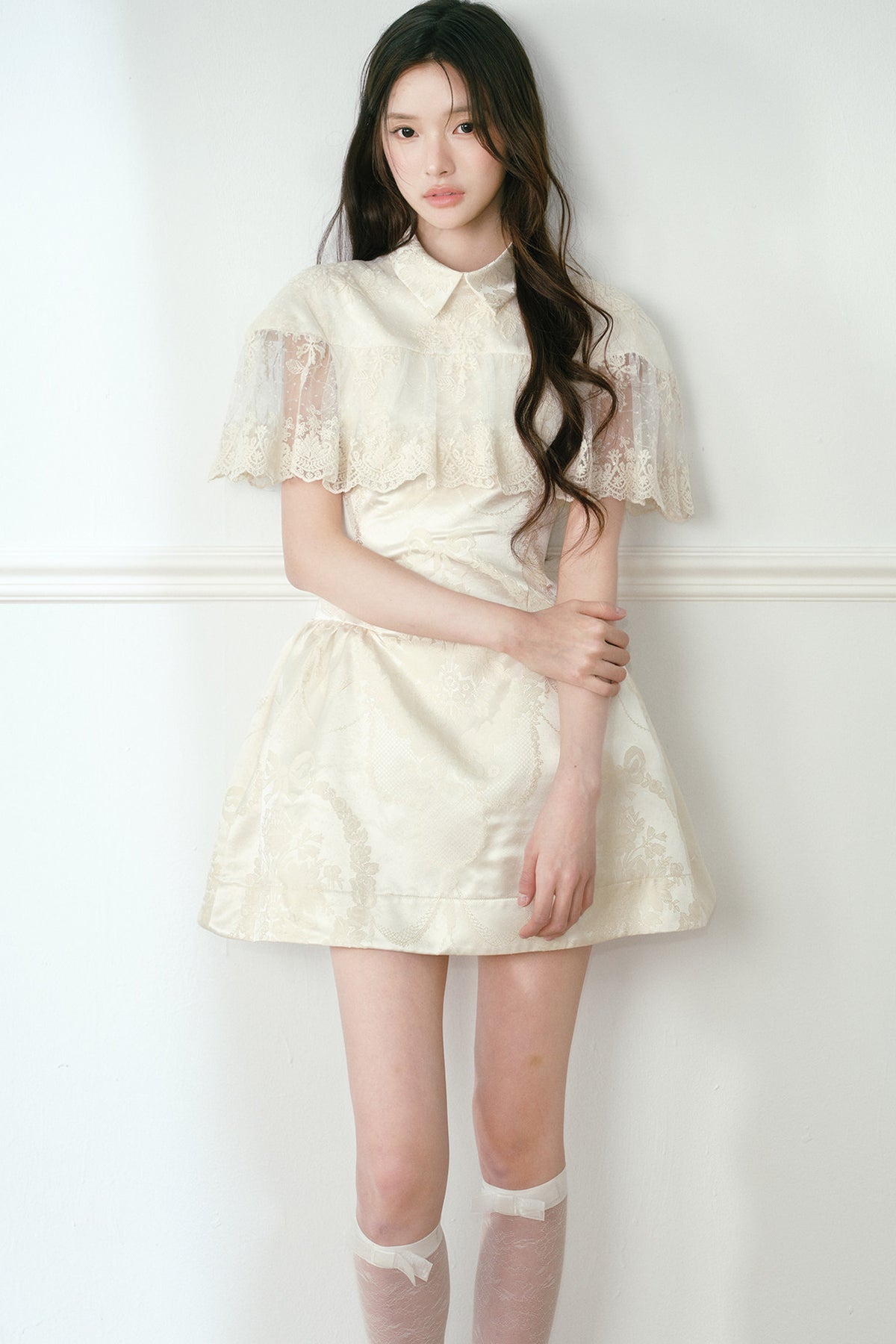 Champagne Satin Jacquard Cape-Style Puffy Dress