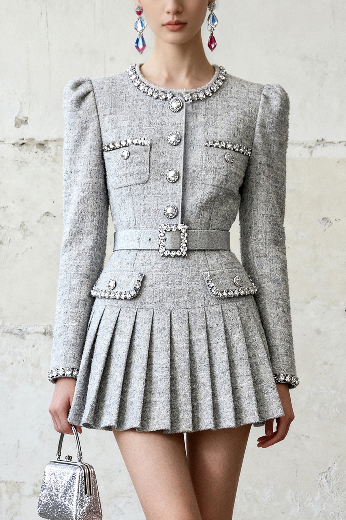 Diamond Embellished Pleated Dress
