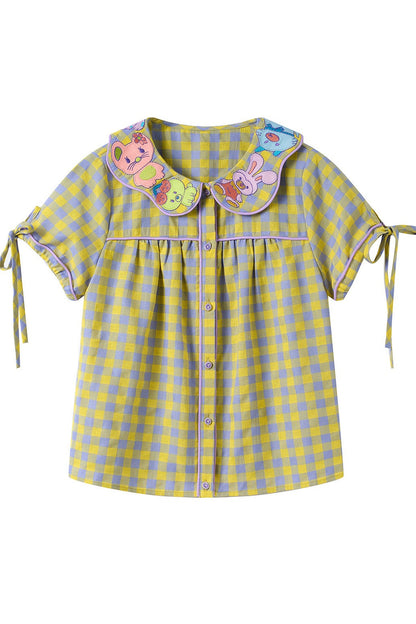 Yellow Purple Plaid Embroidered Doll Collar Shirt