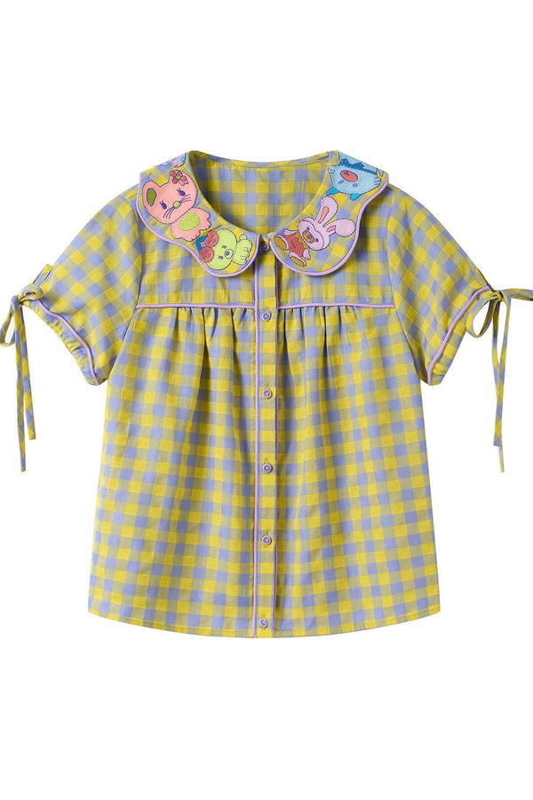 Yellow Purple Plaid Embroidered Doll Collar Shirt