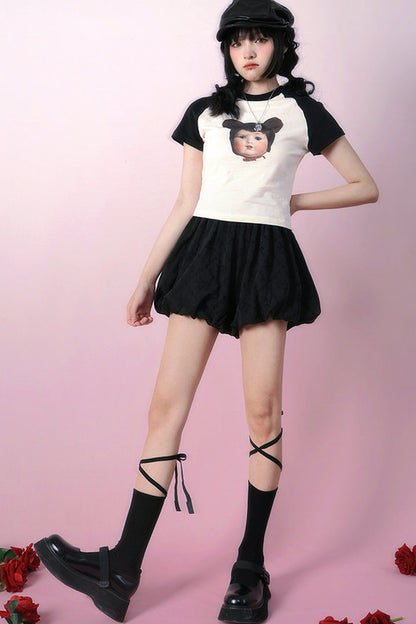 Bear Doll Print Patchwork T-shirt