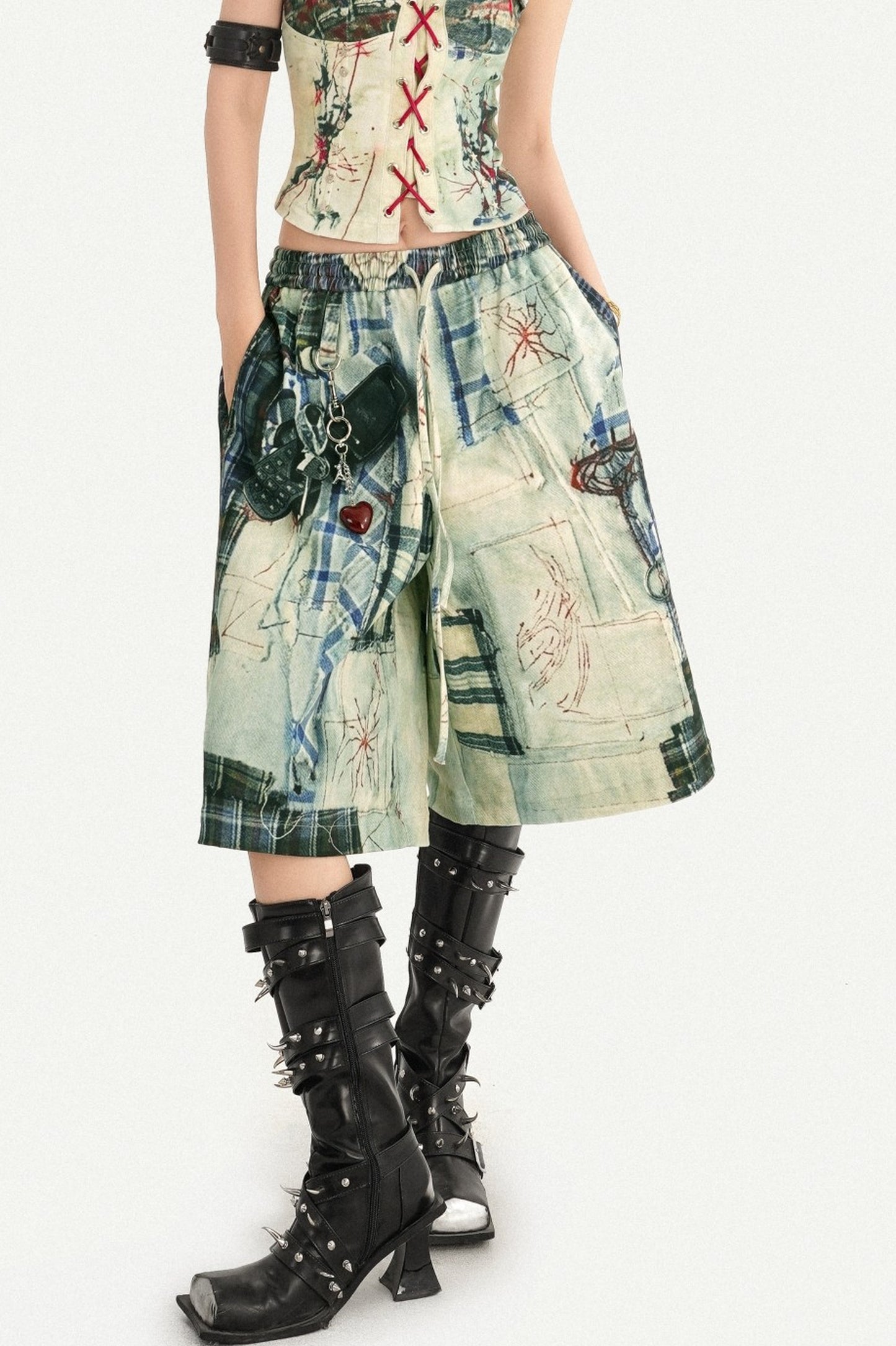Patchwork Plaid Wide-Leg Pants