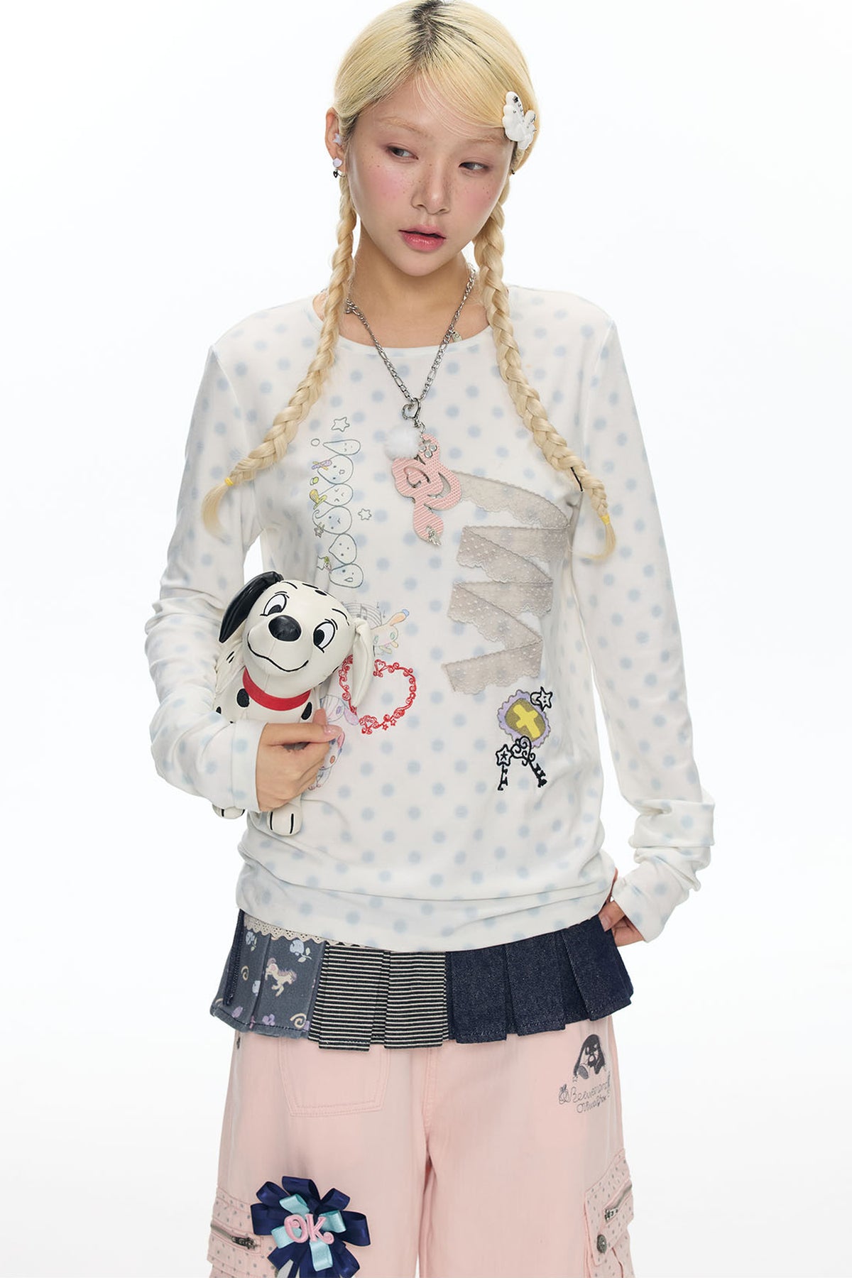 Polka Dot Lace Patchwork Long Sleeve T-Shirt