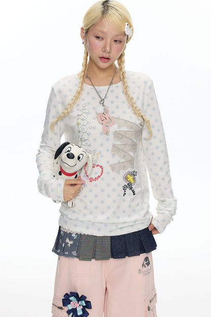 Polka Dot Lace Patchwork Long Sleeve T-Shirt