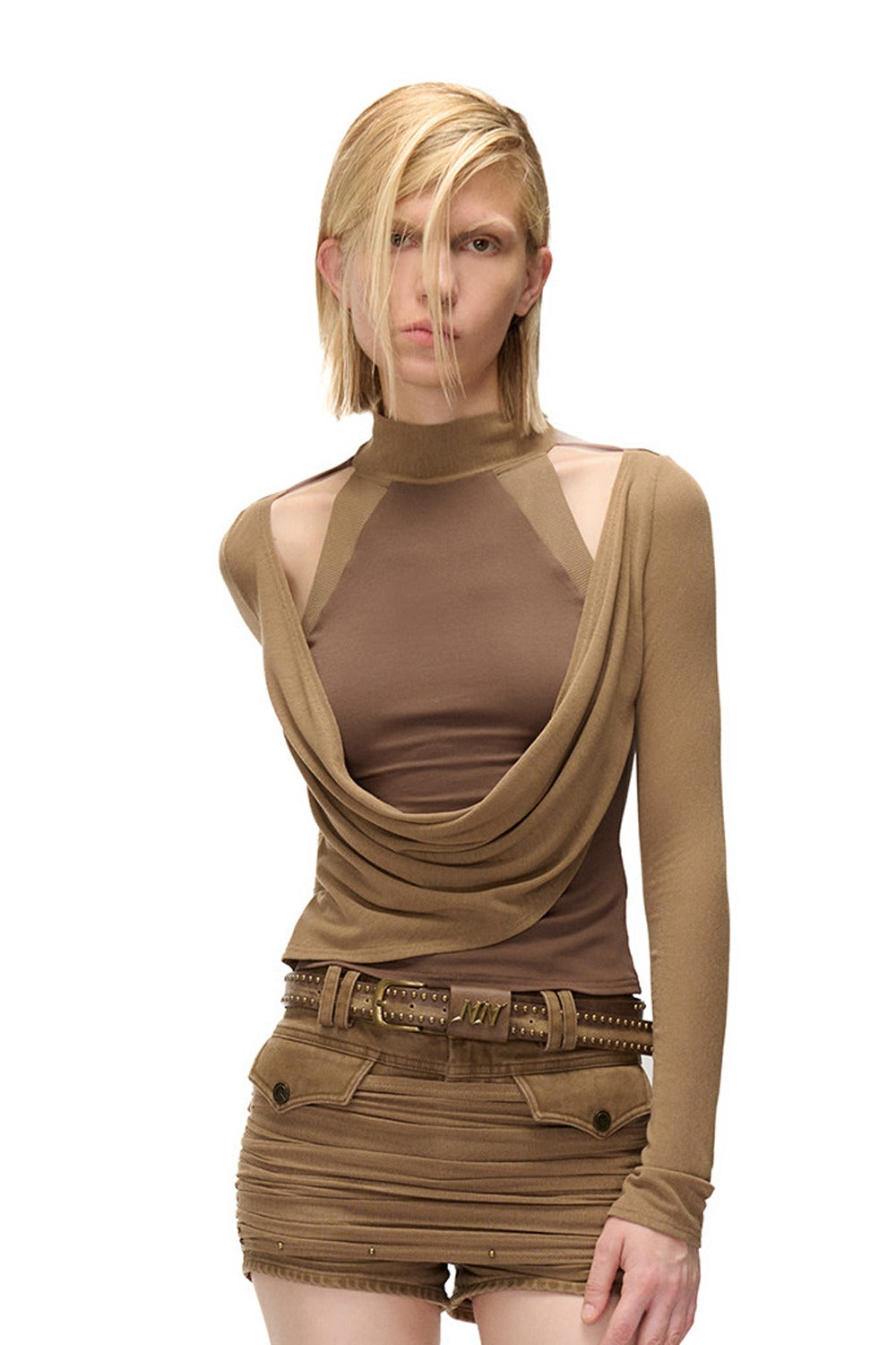 Layered-Look Swing Collar Off-Shoulder T-Shirt