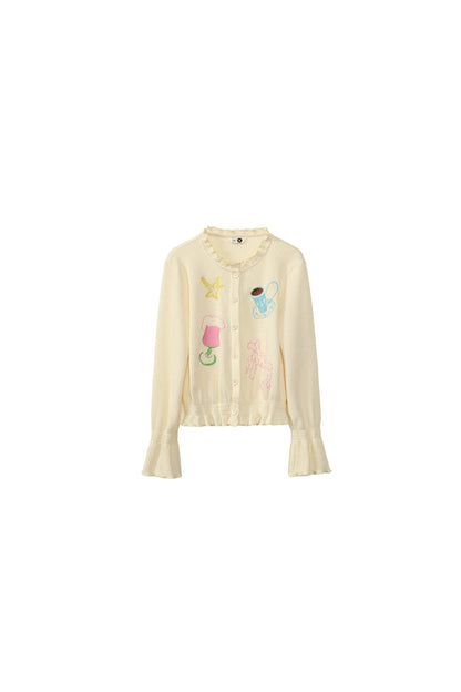 Hand-Painted Embroidered Bell-Sleeve Knit Cardigan