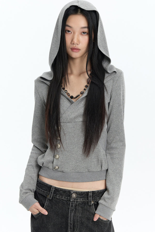 Cross-Neck Button-Up Hooded Sweatshirt