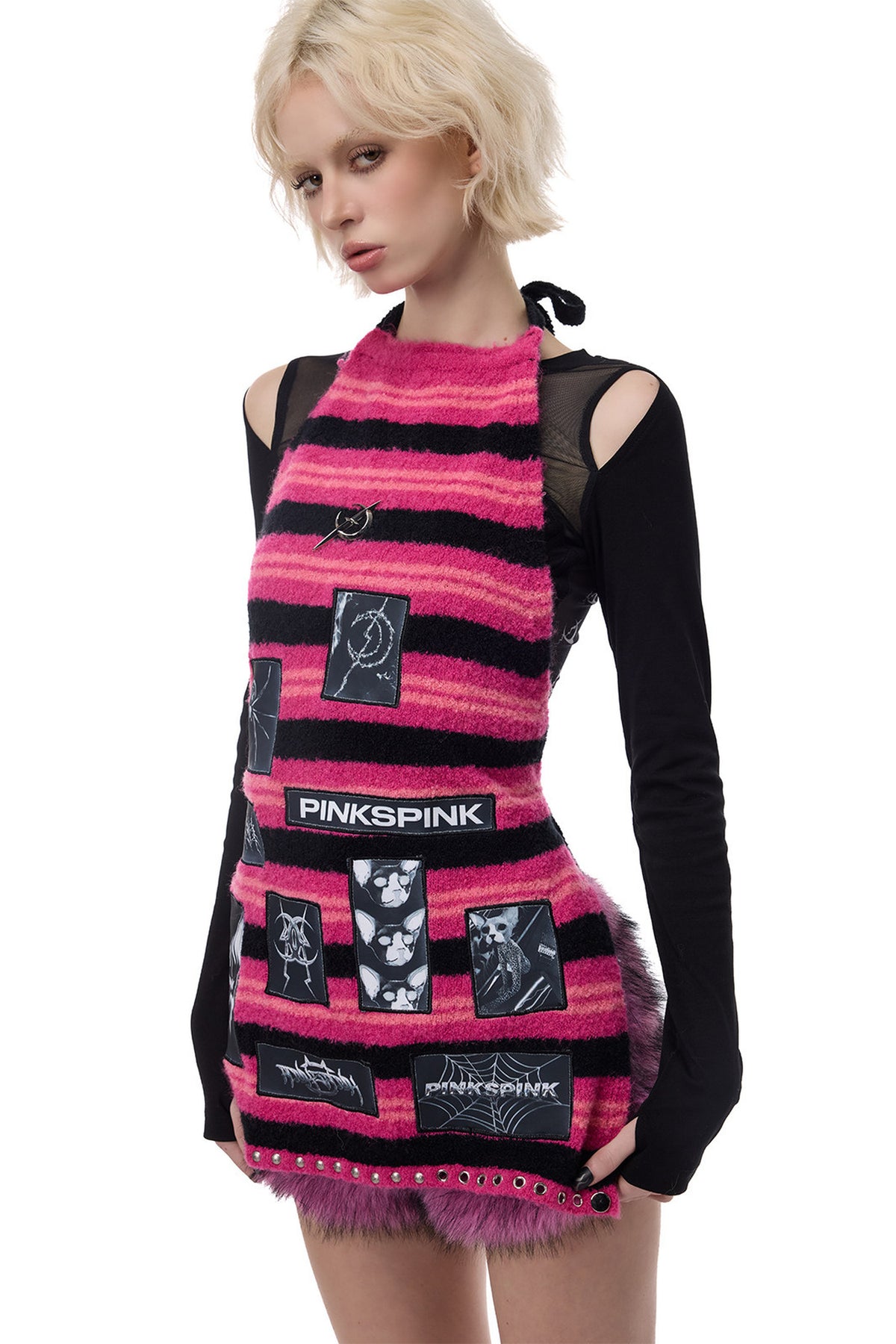 Punk Patchwork Knitted Hooded Sweater Dress