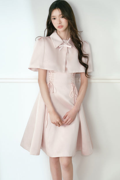 Pink Satin Cape and Waist Tie Dress Set-Up