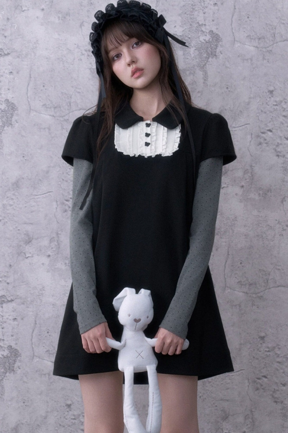 Dark Doll Collar Layered-Look Long Sleeve Dress