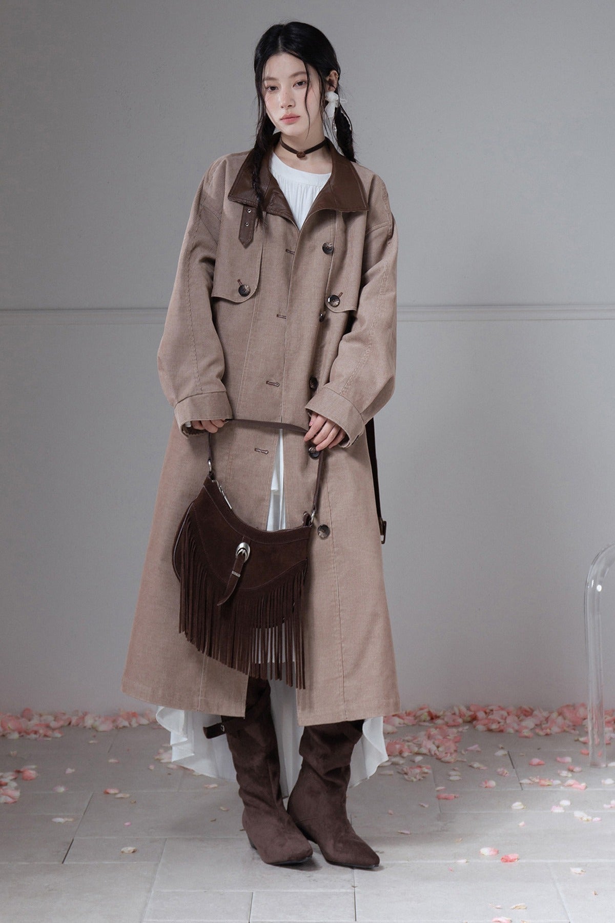 Corduroy Leather Stand-Up Collar Trench Coat
