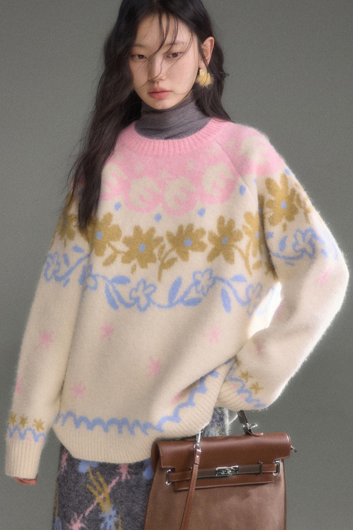 Retro Fair Isle Floral Jacquard Wool Sweater